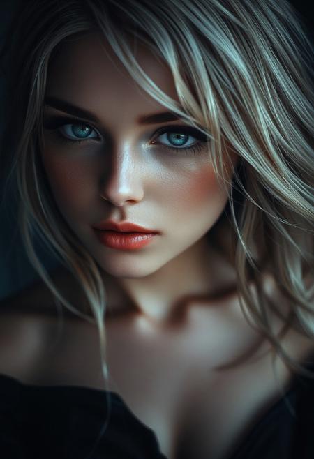 a cute but seductive woman, blonde, (hi-top fade), (dark theme:0.9), soothing tones, muted colors, high contrast, (natural skin texture, hyperrealism, soft light, sharp). Bright green eyes