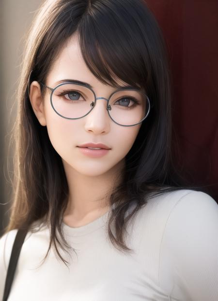 (realistic:1.5), masterpiece, best quality, high quality, 1girl, solo,, glasses, round eyewear, upper body, <lora:glasses-2:1>