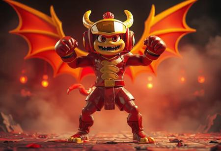 The image showcases a vivid depiction of a Battlin' Boxer Headgeared, with a full-body view, against a striking Dragon Revival Ritual background. The Battlin' Boxer Headgeared, mostly red and yellow, stands defiantly, exuding a sense of readiness and power. The Battlin' Boxer Headgeared's dynamic pose, with arms outstretched and legs firmly planted, is accentuated by its vibrant, harmonious colors, playful appearance, and imposing presence. Adorned with a yellow visor, the Battlin' Boxer Headgeared's face is beautifully detailed, with vivid emotions and joyful impact. The scene is rendered with exceptional quality, using techniques like octane render, unreal engine 5, and a Dave LaChapelle style, boasting stunning colors, sharp lines, and well-timed lighting. This artwork is poised to be a trending masterpiece on ArtstationHQ and CGSociety.