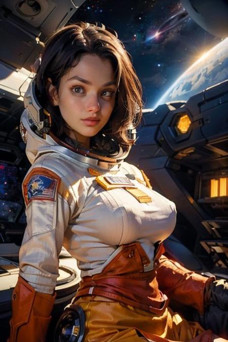 ((Portrait of an astronaut girl))0((night sky, in the space, Giant planet in the background0Cosmic Light0Inside the spaceship):1.3), (Short straight hair), Shining Aqua Eyes, longeyelashes, lightsmile, ((Thin and well-fitting spacesuit)), Carl Larsson, Realism, Dutch Golden Age painting, Verism, depth of fields, Cinematic lighting, reflective light, (shadings:0.9)0wide angles, Lens Flare, masutepiece, Textured skin, Super Detail, Best Quality, Detailed fabric texture0upper Shot,oil painting, braless, covered nipples,swooping breasts,
