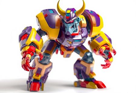 The image features a vibrant Cyber Ogre robot in a dynamic action pose, with a striking color scheme of purple, yellow, blue, and red. The robot, standing against a stark white background, is the sole focus, highlighting its intricate design and lifelike details. The isometric view showcases the robot's detailed face, clothes, and body, while the captivating lighting enhances its expressive eyes. The image exudes a sense of stillness before action, with the robot poised and ready. The composition, color harmony, and impeccable editing reflect an attractive background, creative angle, and well-timed moment, as if straight from a CGSociety or Artstation trending post.