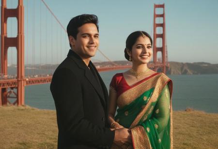 Cinematic composition. 35mm camera, Sharp image, Very detailed face.  Create a highly realistic full body portrait of a young couple, slight smile,  camera focused around 24 years old couple. The image should be detailed and lifelike, making it challenging to discern whether it's a real photograph or a digital creation. Focus on achieving realism in facial features, skin texture, and hair, and ensure the lighting contributes to the overall authentic appearance. San Francisco golden gate bridge in background on left side dominating  the photo. couples on right side. Boy in black coat. Girl in red saree. green and gold filter. Bridge on left side. Couple on right side. romatic photo