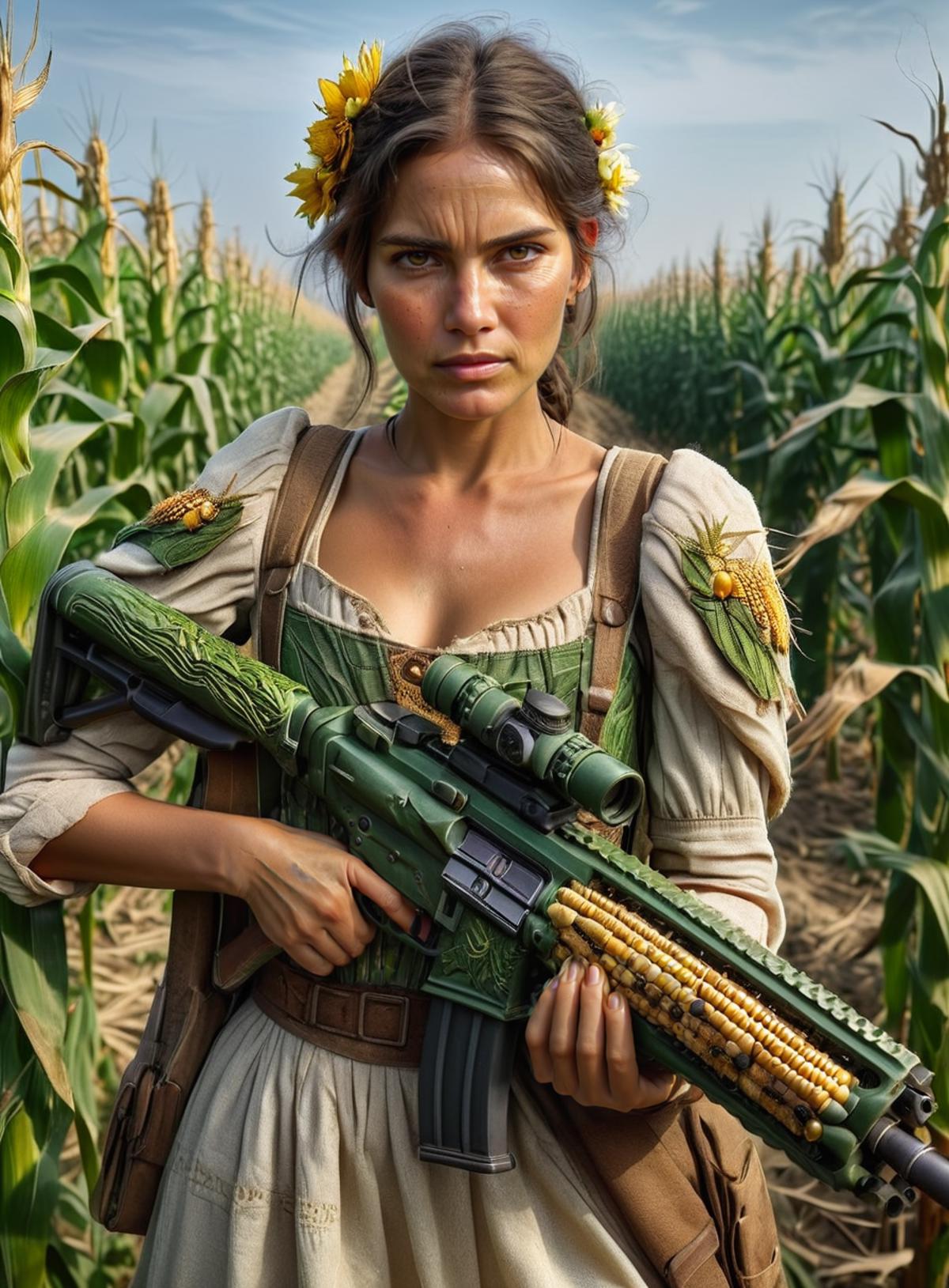 Woman in green dress holding a gun in a cornfield, wearing a flower in her hair.