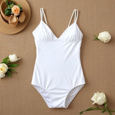 NIGHT PHOTO, One-piece white swimsuit with thigh high gap a golden writing "BRIDE"