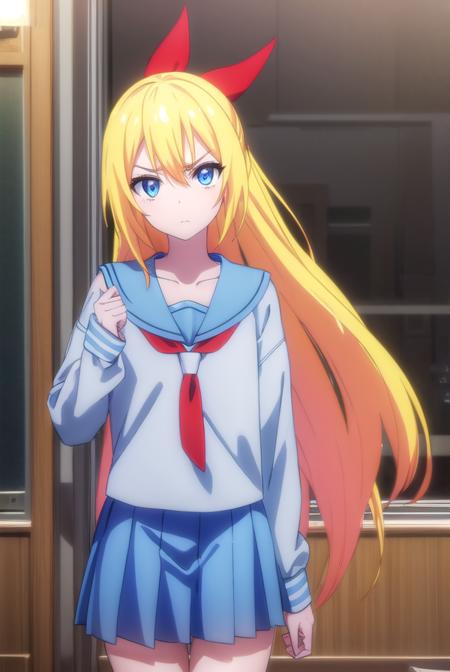 chitogekirisaki, <lora:chitoge kirisaki s2-lora-nochekaiser:1>,
chitoge kirisaki, long hair, blue eyes, blonde hair, ribbon, hair between eyes, very long hair, hair ribbon, multicolored hair, red ribbon, gradient hair, angry, frown,
BREAK skirt, shirt, thighhighs, school uniform, collarbone, white shirt, pleated skirt, necktie, serafuku, sailor collar, red ribbon, blue skirt, blue sailor collar,
BREAK indoors, classroom,
BREAK looking at viewer, (cowboy shot:1.5),
BREAK <lyco:GoodHands-beta2:1>, (masterpiece:1.2), best quality, high resolution, unity 8k wallpaper, (illustration:0.8), (beautiful detailed eyes:1.6), extremely detailed face, perfect lighting, extremely detailed CG, (perfect hands, perfect anatomy),