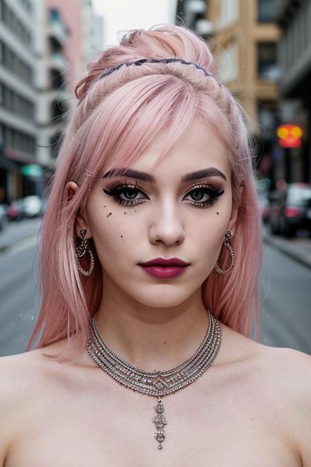 (a cute girl, 22 years old, pale skin ,  pink hair ,skinny:1.1),(big boobs , small nipples, Colombian hipster girl, edgy vibe, dark, mascara, eyeliner, dark cheeks, expressive lips, Unique facial piercings, alluring necklace, stylish sexy streetwear, alluring thighs, aesthetic tattoos on her body, almond shaped eyes, Dimples, very strong eyeliner eye makeup, Defined jawline, skin pores )(best quality, high quality, photograph, hyperrealism, masterpiece, 8k:1.3), mestizo, burly, white shaggy hair, dark skin, smile, (low-key lighting, dramatic shadows and subtle highlights:1.1),(((in the middle of the street))) adding mystery and sensuality, trending on trending on artsy, concept art, (shot by helmut newton:1.1), rule of thirds, black and white, modern ,pink hair,epiCRealism