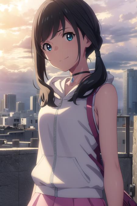 hinaamano, <lora:hina amano movie-lora-nochekaiser:1>,
hina amano, black hair, twintails, blue eyes, smile,
BREAK skirt, jacket, sleeveless, choker, hood, bag, hoodie, white jacket, backpack, hood down, hooded jacket, pink skirt, sleeveless jacket, sleeveless hoodie,
BREAK outdoors, sky, day, cloud, sunlight, cloudy sky, wind, light rays,
BREAK looking at viewer, (cowboy shot:1.5),
BREAK <lyco:GoodHands-beta2:1>, (masterpiece:1.2), best quality, high resolution, unity 8k wallpaper, (illustration:0.8), (beautiful detailed eyes:1.6), extremely detailed face, perfect lighting, extremely detailed CG, (perfect hands, perfect anatomy),