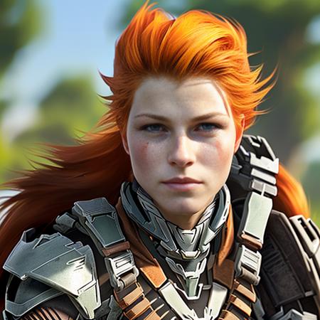 portrait of Ann4z1 as a real life version of (Aloy from Horizon Zero Dawn:1.28), open office fantasy background, charming smirking, by Ted Nasmith and Toei Animations ultra realistic highly detailed intricate photorealistic analog style photograph sharp focus on eyes, cinematic lighting