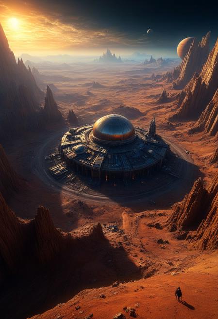 beautiful  landscape, 64k, UHD, ((masterpiece, ultimate quality)), sharp focus, beautiful scenery, highres, highly detailed, photo, realistic, photorealistic, best_of George Lucas art style (a deserted planet (on the bottom right (dome like houses))(on the top left (one giant planets))) cinematic, artistic, highly intricate details, masterpiece, best quality, 8k, UHD