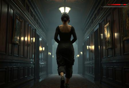 masterpiece portrait of woman walking down a mansion hallway::1.4, video game concept art style::1.2, semi-realistic 3D render art::1.1,
(physical description: pudgy build, not skinny or obese, sturdy posture, mature proportions, hands clasped behind back:1.1),
(facial features, expression: not visible, back-facing view:1.0),
(clothing details: dark fitted top, long skirt or tactical cargo pants, utilitarian footwear:1.0),
(accessories: none visible from rear view:0.9),
(background setting: richly decorated dimly lit hallway in a vintage mansion, with wooden wall panels, sconces, and antique paintings:0.9),
(lighting style: moody cinematic lighting with warm shadows and directional highlights from wall sconces:0.8),
(composition and camera framing: third-person video game view from slightly behind and above, full body shot, centered in frame:1.0),
(emotional tone or theme: immersive, suspenseful, exploratory atmosphere:0.9),
(technical execution: includes a video game-style HUD with red health bar in the top right corner and a minimap with icons in the lower left:0.8)