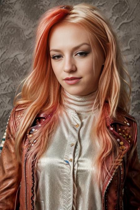 bvin, a highres headshot portrait photo of a 25_year_old_woman, strawberry blonde, pout, leather jacket, white turtleneck, skin texture, background bokeh <lora:bvin4:1>