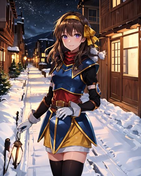 best quality, (masterpiece:1.2), illustration, absurdres, bright colors, vivid colors,
(1girl), (solo), (beautiful detailed girl),
<lora:Anelace-07:0.8>,  Anelace Elfead, purple eyes, brown hair, medium hair,  long hair, yellow headband, yellow ribbon, small breasts,
armored dress, breastplate, black thighhighs, red skirt, brown boots, white gloves,
winter, snowfall, snowy mountains, snow, snowy pine trees, freezing weather, frost, chill, wind, windy, winter , night, nighttime, starry sky, wooden fence, distant village, distant lights, lantern,,
happy, looking at viewer,
from above,