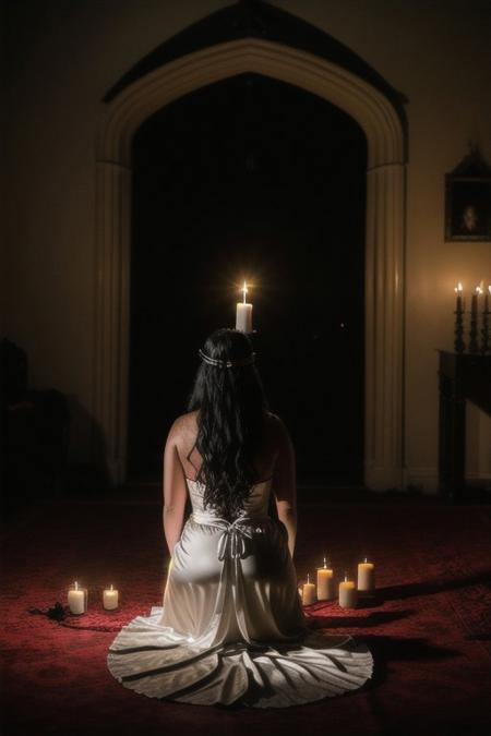 RAW photo, 8k uhd, dslr, high quality, ultra-realistic, realistic, realism, film grain, Fujifilm XT3.
View from behind, dark mansion, gothic-sacrificing alter, room lit by candles, golden chalice, blood spilling out, 1woman wearing a satin white dress, voluptuous body, kneeling,