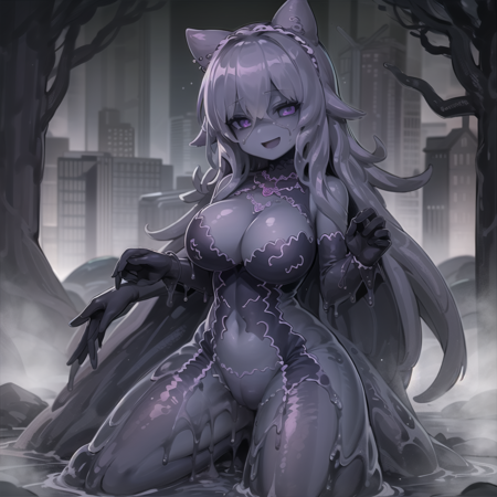 queenSho a female character dressed in dark outfit with black hair and long dark purple hair, 1girl, monster girl, solo, breasts, colored sclera, smile, looking at viewer, colored skin, open mouth, long hair, slime girl, black sclera, large breasts, outdoors, nature background, , geen eyes,queenSho