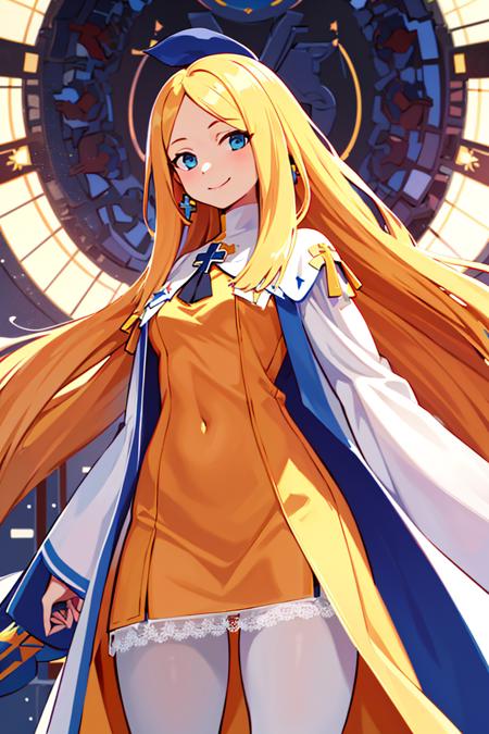 ((masterpiece,best quality)), absurdres,
<lora:Alouette_La_Pucelle:0.7>, Alouette_La_Pucelle, blonde, (white robe), very long hair, cross, pantyhose, yellow shirt,
solo, smiling, looking at viewer, cowboy shot,
cinematic composition, dynamic pose,