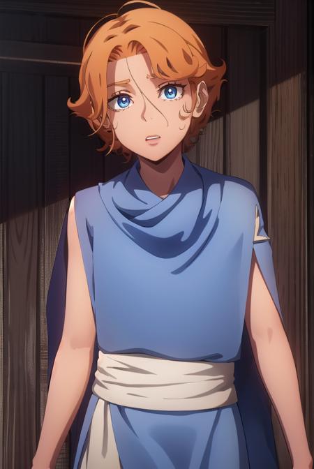 sypha, short hair, blue eyes, orange hair, cape, blue cape,