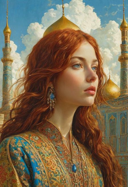 persian Girl,An image of a cute girl in liminal soviet room, girl ,analog photo, full body, in camera frame, mia cole, (intricate details, masterpiece, best quality:1.4) <lora:add-detail-xl:0.5> <lora:xl_more_art-full_v1:0.5> , tall height, against the background of the persian mosque, blue sky, sunny day, epic clouds, (oil on canvas:0.1), nicola samori, art by Jeremy Mann, god rays, dramatic light,   long bob-cut hair, shiny oiled skin, pale skin, jennifer connely, red hair slightly curly hair, (art by Eduard Wilhelm Pose and Master of the Holy Blood and Ivan Bilibin:1.2), (oxygen-rich air and sheltered atmosphere, snowy, aesthetic of hard - edge painting:0.1), symmetry and balance, pioneering unparalleled masterwork with superior details, <lora:MJ52:0.65> <lora:xl_more_art-full_v1:0.3> <lora:RMSDXL_Creative:1>