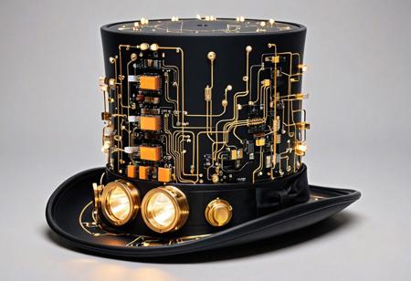 A classic top hat constructed from matte black PCB panels, decorated with tiny blinking lights and golden traces like filigree. The inner lining shows subtle diode networks, and a soft glow radiates from the rim. Fashion accessory fused with semiconductor elegance, steampunk meets nanotech.