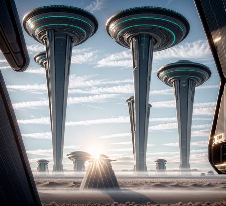 "A colossal futuristic research facility rising from a crystalline desert under a twilight sky, designed with intricate sci-fi architecture featuring illuminated corridors, layered metallic towers, holographic energy fields, massive observation windows, and bioengineered gardens integrated into the structure. The scene is alive with faint mist, scattered light reflections, and dynamic shadows. Emphasize hyper-realistic textures: brushed steel, frosted glass, organic flora merging with machine elements, all lit by surreal ambient lighting. Cinematic perspective, ultra-detailed environment, extreme realism, majestic atmosphere, immersive depth."