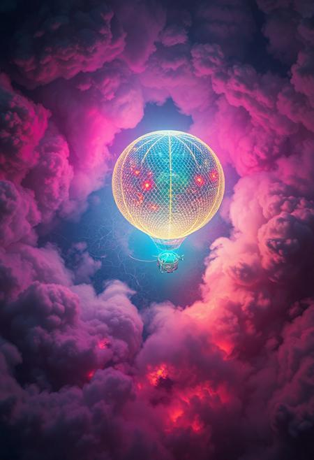 masterpiece, ultra-detailed, top-down view of a trippy neon zeppelin drifting through tangled circuits and misty clouds, reptile-scale patterns glowing under electric stormlight, vibrant colors, no humans