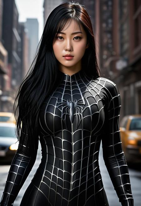 score_9, score_8_up, score_7_up, best quality, realistic, masterpiece, beautiful detail, hyperrealistic, amazing detailed full body portrait of a beautiful japanese girl wearing a realistic and highly detailed black raimi spider-man suit, 1girl, big breasts, black spider man mask, muscular bodybuilder girl, professional model of korean girl wears ultra - detailed black raimi spider - man suit, ultra - detailed and grained black raimi spiderman suit, suit covered entire body and hand, black spiderman gloves, wet, long hair, (strong pose), (full body), (dirty skin), close up, octane render, highly detailed, volumetric, dramatic lighting, (highest quality:1.1), (HDR:1.3), (top quality, best quality), realistic, high definition,