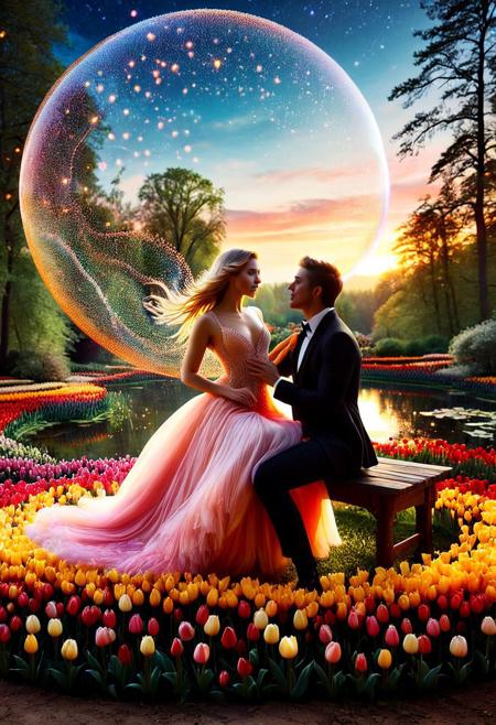 Delicate crystal sphere captures fleeting perfection idyllic scene - lovers entwined passionately on rustic iron bench perched edge tranquil pond mirroring amber hues painting sky fiery horizon sinking beyond treetops silhouetted majestic backdrop. Couple seems suspended animation timeless bubble preserved beauty found rare moments stolen amidst chaos everyday routine. Her flowing gown diaphanous silk whispers breeze-kissed petals flower garden surrounding them. His arm draped possessively around slender waist pulls closer pressing curves melding contours perfectly aligned destiny decreed.
Soft rosy blush stains cheeks flushed exhilaration electricity sparking glances exchanged loaded meanings secrets whispered lips brushing teasingly. Fingertips trace delicate collarbone neckline trailing feather-light touch igniting fires smoldering depths emerald eyes locked magnetic pull defying gravity forces separating. World falls away leaving sole occupants vast stage set enchantment fairytale ending written stars themselves.
concept-art, adventure, characters, fantasy, whimsy, dreaminess, colorful, digital, illustration, magic, 
beautiful, painterly, detailed, textural, artistic, aesthetic, rich details, 
intricate details, highly detailed, ultra-detailed, absurdres, vivid, vibrant, volumetric lighting, 
jaynl-tm, made of tulips, aid291, midjourneyv6.1, ais-particlez