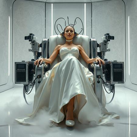 A slender, arrogant  rich norvegian bride, reclined in a polished steel restraint fetish chair, dressed in a luxurious, rich fantasy satin wedding gown with a fitted, boned corset accentuating her ultra-thin waist.and a full, flared skirt, paired with satin high heels, orgasm face. The massive electrodes holding her head pressed to the steel restraint chair headrest,  cabled to a  futuristic superconputer rack. Her hands and ankles are bound to the steel restraint chair   by massive steel restraints,   weird fog from the floor. The scene is set in a sterile, empty chamber, with a glossy mother-of-pearl finish, evoking a sense of futuristic dread. Inspired by the cinematic styles of Ridley Scott, Guillermo del Toro, and H.R. Giger, with a blend of sci-fi and horror elements, this full-body portrait is a masterpiece of cinematic storytelling, shot on a virtual v-raptor XL camera, with a warm, film-grained aesthetic, subtle vignette, and rich color grading, reminiscent of 35mm film, with dramatic, atmospheric lighting, inviting the viewer to immerse themselves in this epic, stunning scene.
