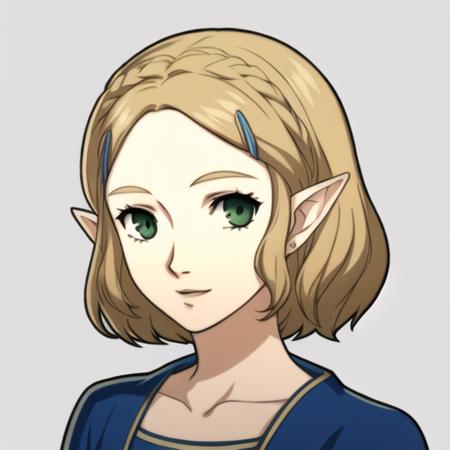 1girl, portrait, solo, white background, princess zelda, blonde hair, blue dress, green eyes, hairclip, pointy ears, short hair, 
<lora:princessZeldaLora_v1:0.7><lora:p5_Portrait_v0.3:0.7>