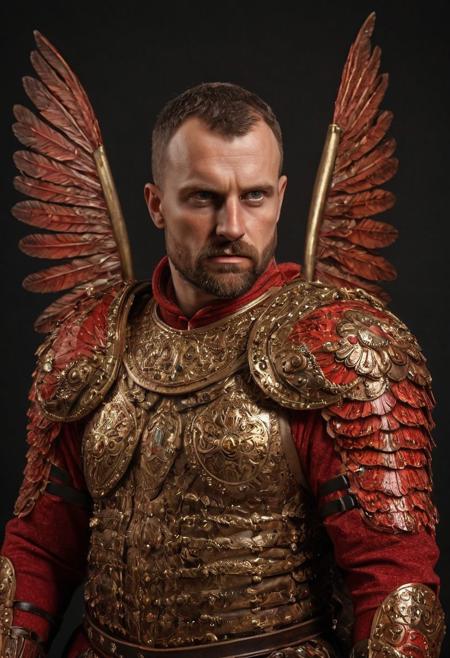 dual winged hussars, ornate red stylized wings on back of man, 2 large hussar wings behind back, undercuthaircut, Photorealistic oil painting of (Handsome:1.1) (Polish) (Irish) (Slavic) (bright sapphire eyes) (half-dragon warrior-prince:1.2) with (intricate metallic red brass scales seamlessly melded into arm and neck:0.9), 58-year-old, (darkblonde undercut hair:1.1), (medieval fantasy clothing:1.2), grimdark fantasy, (medieval) fantasy, high fantasy, epic fantasy, (upper body:1.3) (medium shot:1.3) taken with (fujifilm xt3:1.1), film grain, dark style, raking light dramatic hard shadows, (dramatic lighting:0.9), material contrast, cinematic composition, intricate details, masterpiece, visually stunning, evocative, vivid deep hues, brass, red runes, (body transformation:1.2), <dhevv:ds-style:rsd1.5>, realistic eyes, scaleborn, scales, undercut, royal, red armor, symmetrical armor, large nose, wide nose, wide nosebridge, tallnose, dour expression, full beard, strongman, raised eyebrow, flaccidmohawk, scar across winking eye