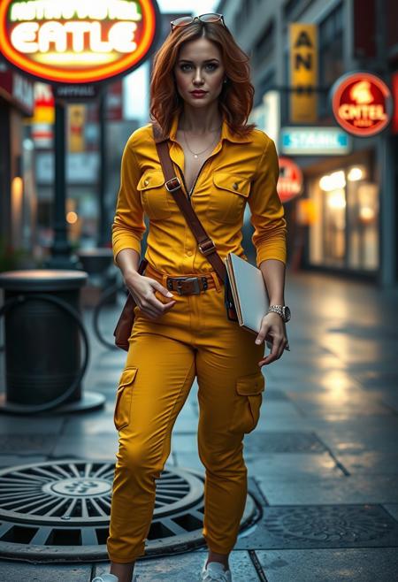 A photorealistic image of a woman resembling April O'Neil from * Mutant Ninja Turtles* as a real human. She has a strikingly beautiful, athletic figure with toned curves, huge breasts, a slim waist, and a confident stance. Her shoulder-length auburn hair is styled in soft waves, framing her face with bright, intelligent eyes and a warm, determined expression.  She is wearing her signature yellow jumpsuit, perfectly fitted to her body, with the zipper slightly undone at the top for a casual yet professional look. The jumpsuit features utility pockets and a matching belt, emphasizing her practical and adventurous personality. She pairs this with white sneakers and a vintage brown leather shoulder bag slung across her torso, containing a notepad, a microphone, and other reporter essentials.  The setting is an urban street at dusk, with the faint glow of neon signs reflecting off wet pavement. She is standing near a manhole cover, holding a handheld microphone in one hand and a notepad in the other, as if she's in the middle of investigating a story. The lighting is cinematic, with a mix of cool blues and warm orange hues highlighting her figure and creating a dramatic yet grounded atmosphere. The scene captures her intelligence, bravery, and charm, bringing the animated character to life in a realistic, modern context.