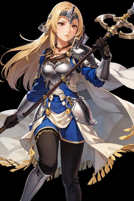 masterpiece, best quality, mathilda, helmet, armor, blue dress, pantyhose, black gloves, thigh boots, black background, simple background, feh, serious, holding spear <lora:mathilda-nvwls-v1-000009:0.9> <lora:FEH_Concept_v2:1>