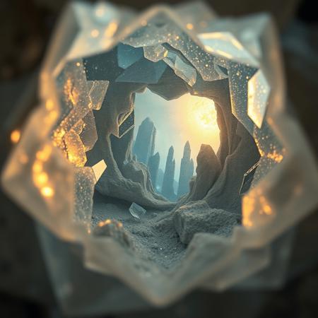 A cinematic extreme macro view plunging into the core of a mystical gemstone, revealing an impossible, surreal landscape within its facets. A miniature, forgotten nebula of soft, swirling stardust glows with an ethereal, dreamy light, illuminating crystalline structures like lost architecture. Mysterious, soft god rays pierce through a gentle haze, creating an atmosphere of profound and silent wonder, as if looking into a captured dream.