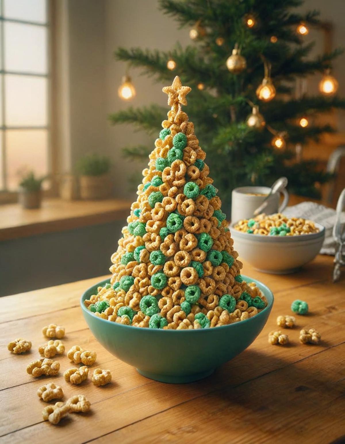 A Christmas tree made of cereal and a bowl of cereal on a table.