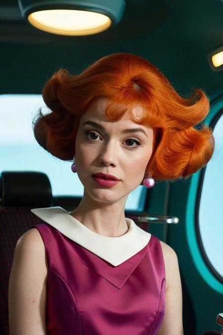 Generate an 8K hyper-realistic image of Christina hendricks like jet jetsons, hairstyle 70's, wearing jet jetsons dress violet, triangular dress collar, jet jetsons cut hairstyle, orange hair, adopting a visual style inspired by Wes Anderson, RED camera system to capture the scene with precision, Wes Anderson's characteristic symmetrical framing, vibrant color palette, and meticulous set design, Control lighting for soft, diffused shadows, aiming for a whimsical, nostalgic atmosphere,  Prioritize capturing intricate details using the RED camera's high-resolution capabilities, The final image should seamlessly blend the futuristic elements of the Jetsons' world with Wes Anderson's distinct visual aesthetic