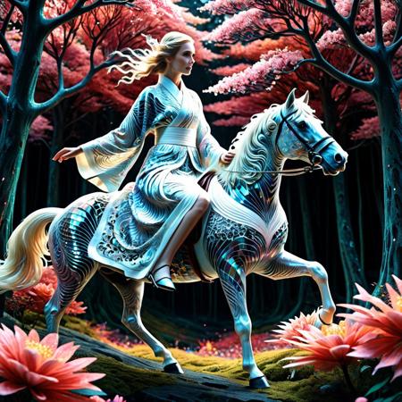Fractangles, made out of fractangles, A breathtaking cinematic tableau: an intricate lacework of fractangles shapes the form of a striking white woman—Alexandra Roland—clad in an oversized, flowing kimono. She rides gracefully atop a majestic horse, surrounded by trees that bloom like ethereal Japanese flowers. The composition, elegant and surreal, feels lifted from a fantasy painting by Gianloch Leiart, curated with the precision of Albert Itzweizman. Rendered with the texture of vintage 2000s RAW film, the scene is soaked in cinematic color grading, sharp focus, and dynamic movement. Film grain adds depth and authenticity, while the widescreen cinemascope format frames every detail in high contrast. The moment is photorealistic, natural, and dreamlike—an exquisitely crafted, high-budget visual symphony in extreme quality, Masterpiece level quality, soft lighting, sharp focus, fine details, high quality, precise, high resolution, 4k, 8k,