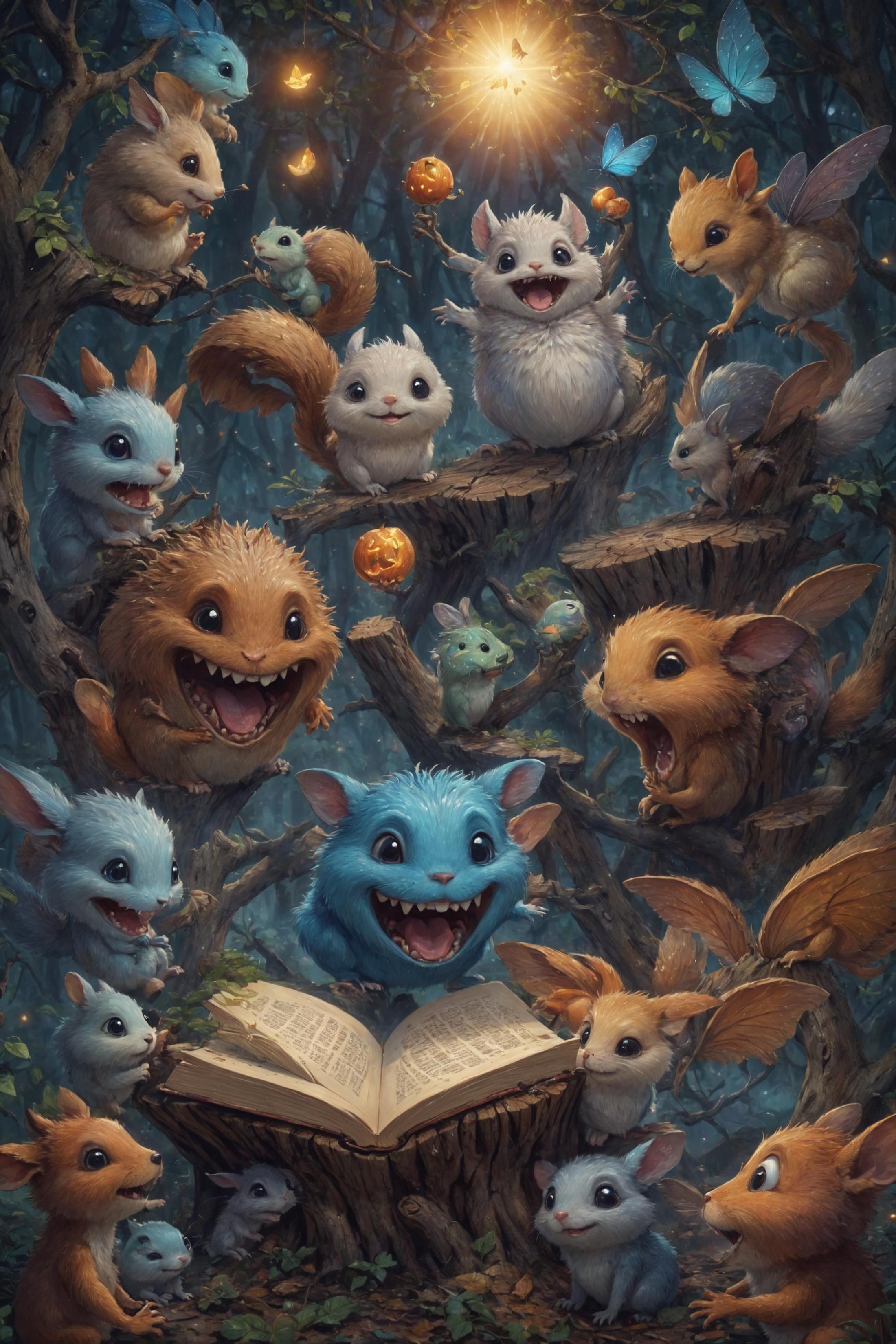 A painting of various animals, including several rabbits and squirrels, sitting on a book and surrounded by trees.