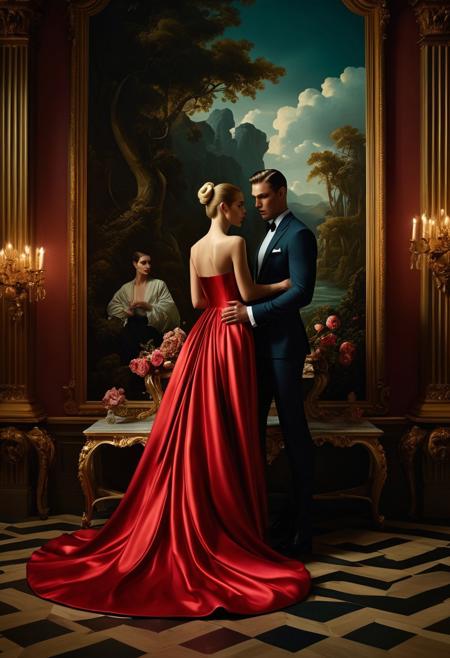 A dreamlike landscape where thick paint and organic brushwork dissolve into structured, cinematic fashion surrealism, painterly figurative realism, dramatic chiaroscuro lighting, erotic melancholy, theatrical group compositions, contemporary baroque, provocative elegance, emotional detachment, lush classical realism, psychological tension, hyper-stylized fashion editorial, decadent interiors, moody narrative staging, sensual unease, voyeuristic atmosphere, high fashion drama, romantic tension, symbolic body language