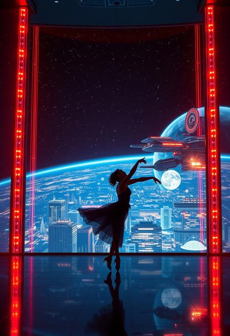 a beautiful elegant female dancer is dancing on a futuristic stage micro-LED lighted, behind the dancer on the stage is an enormous seamless and futuristic wall to wall and floor to ceiling window that looks out at a planet from low orbit, the planet is covered with the lights of enormous buildings and cities, An enormous deco starship with futuristic lighting and an enormous space station are visible in the background among the stars, Artistic art deco, dynamic perspective, (((overall architectural aesthetic is Art Deco Cyberpunk))).  Epic image that elicits a feeling of wonder and awe,