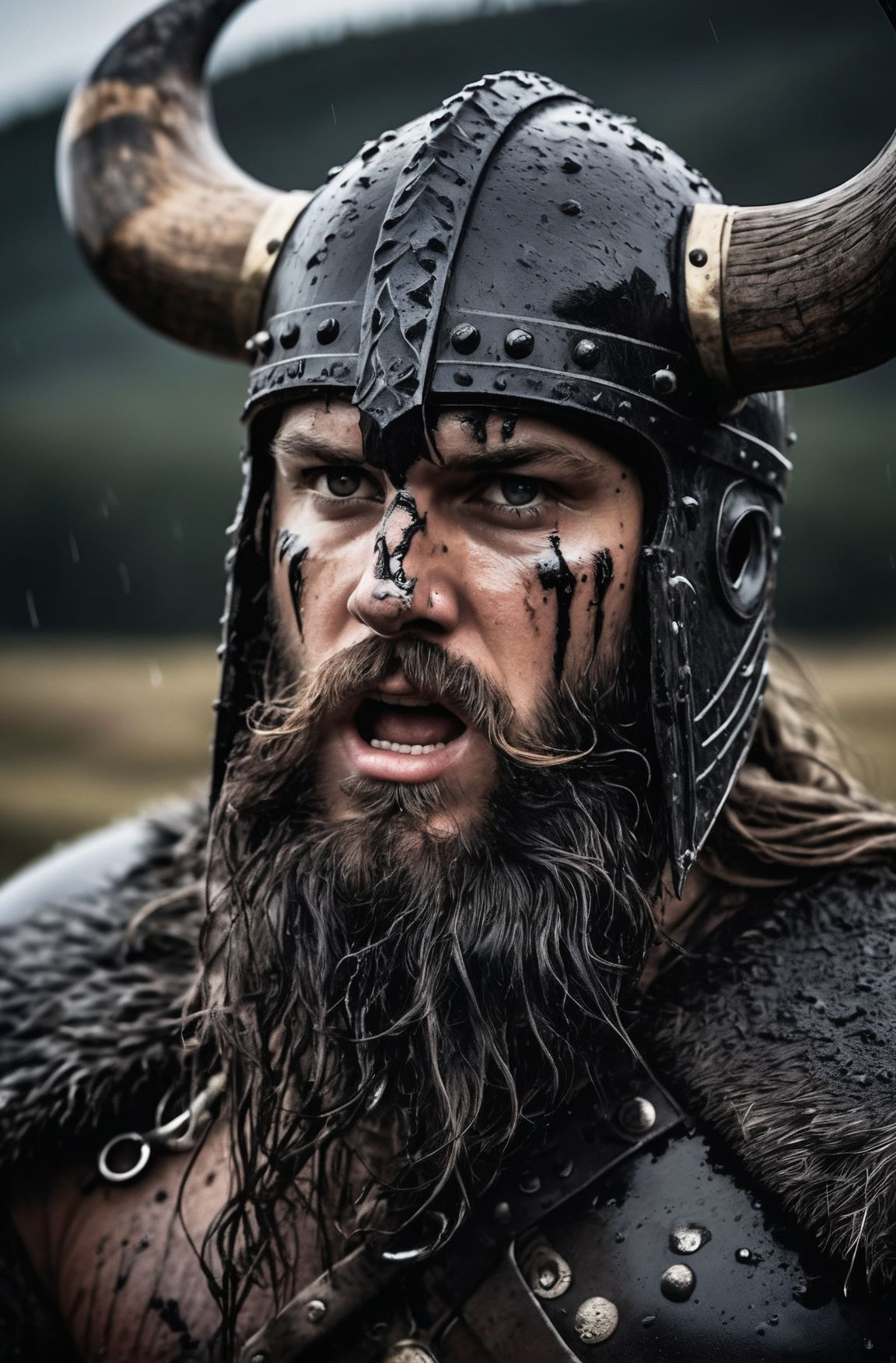 A close-up shot of a fierce Viking King, covered in dripping wet black mud, wearing a dark metal helmet with imposing blac...
