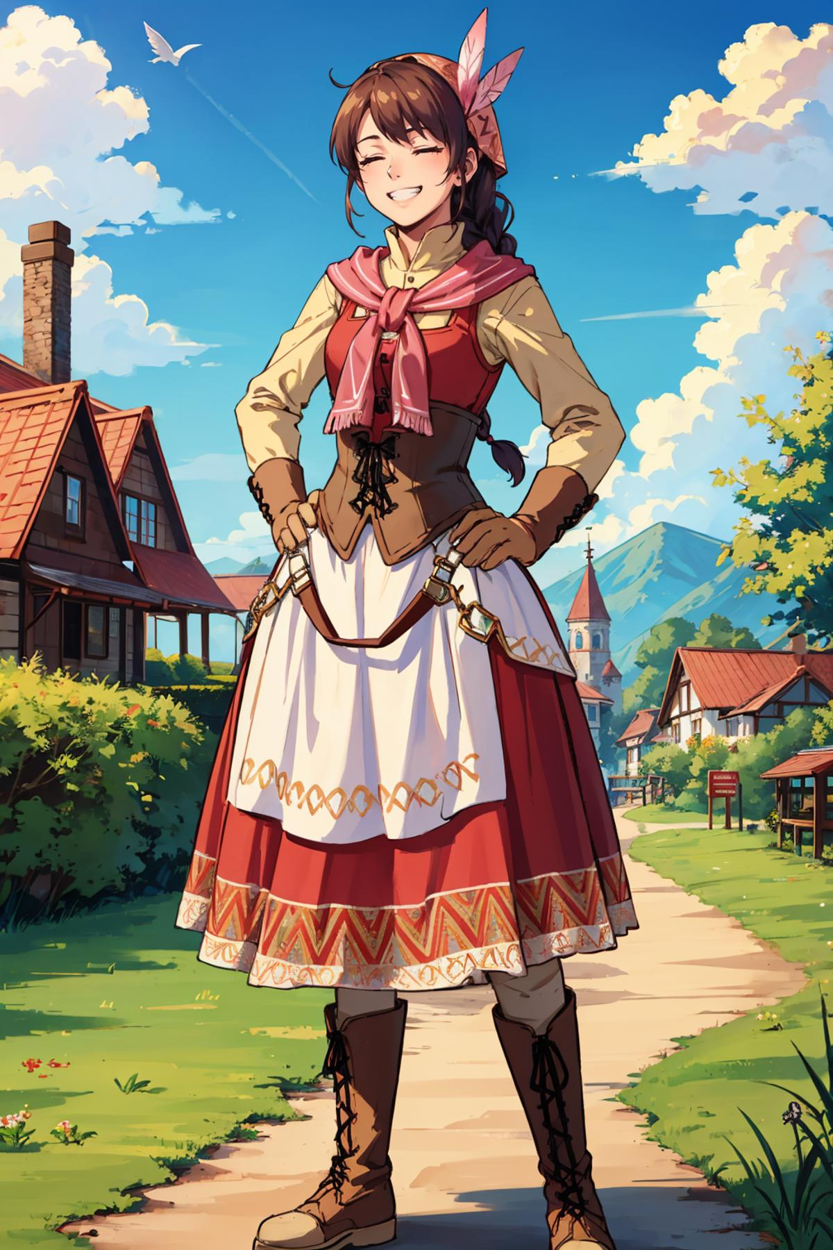Anime character in a red dress with a scarf, posing in a village setting.