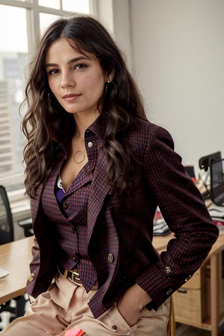 <lora:Monica1873Bar:0.9> a woman, m1873b, solo, wearing blouse, waistcoat,. jacket, trousers, in an office, wavy hair,
