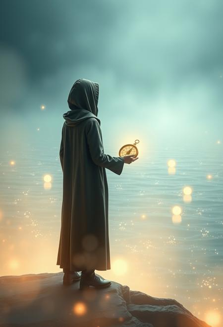 Create a mystical, otherworldly scene of a figure standing at the edge of a vast, shimmering expanse of water, surrounded by a halo of soft, luminescent mist. The figure is dressed in a long, flowing coat with a hood, and is holding a delicate, antique-style compass in one hand. The water is dotted with strange, glowing orbs that seem to be suspended in mid-air, and the mist is filled with tiny, shimmering particles that seem to be alive. The figure is gazing out across the water, their eyes fixed on a distant point that seems to be pulling them towards it. The compass is glowing with a soft, pulsing light, and the needle is spinning wildly as it tries to navigate the strange, unseen forces that are at work in this mystical realm. Style: surreal, dreamlike, mystical. Colors: soft, ethereal, glowing. Highest-Quality, 4k