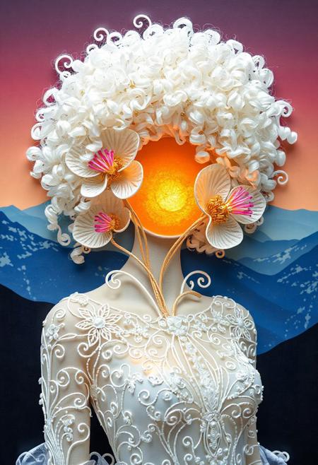 Resin wire art flower bloom. Curly-haired white albino woman. Elaborate filigree gala gown. Mountainous sunrise.