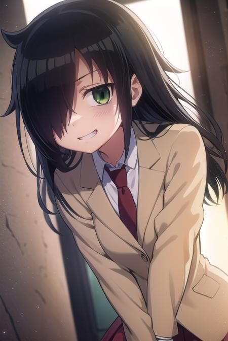 tomoko kuroki, long hair, black hair, (green eyes:1.3), (hair over one eye:1.5), bags under eyes, skirt, school uniform, necktie, blazer,
