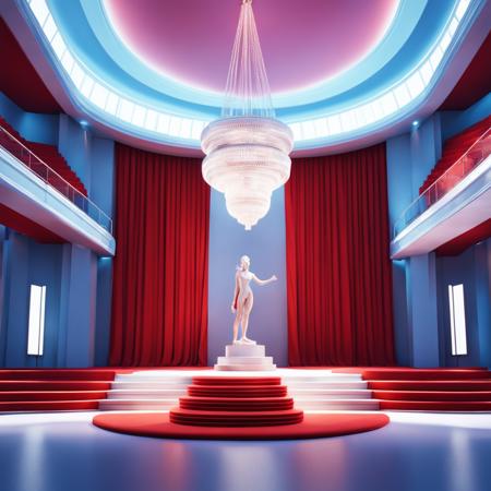 <lora:MirrorsEdge:1>, Mirror's Edge style, a beautiful opera house with a large stage, fancy red curtains and statues, chandelier, rule of thirds, anti-aliasing, 3D, highly detailed, photorealistic, octane render