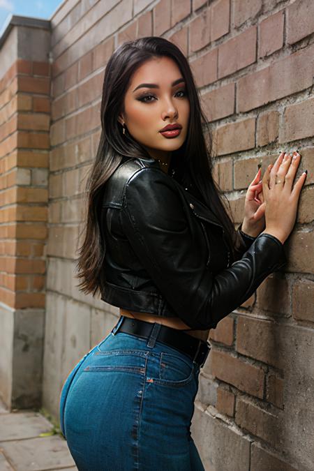 mart1nach3n, a photo of a beautiful woman, leaning against a brick wall, in a city, wearing high waisted jeans with a belt  and a leather jacket, side profile, long straight hair, makeup, eyeliner, eyeshadow, mascara, jewelry, necklace, earrings, 24mm, 4k textures, looking at viewer, realistic, 8k, dslr, detailed face, detailed eyes, face focus, perfect eyes <lora:MartinaChen_v1-000010:0.85>