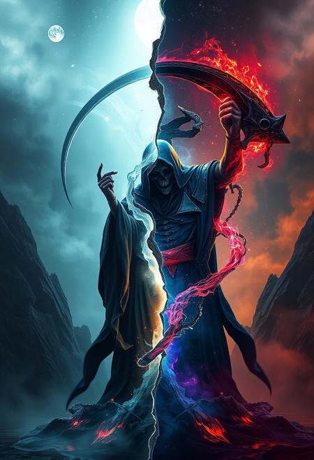 A digitally created image with a distinct split, depicting Reaper reaping the universe.  One section contrasts with the other in a mystic, enchanting environment, using gentle color contrasts and a dreamlike atmosphere.