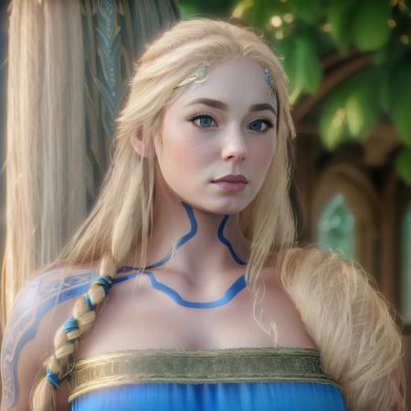 Sif, photorealistic, 4k, UHD, ((blonde hair over her left shoulder)),  blue dress, blue eyes, full body view<lora:Sif_GodofWar:1>