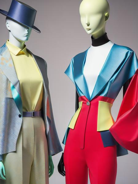 <lora:Avant-gardeFashion:1>a couple of mannequins dressed in colorful clothing standing next to each other Avant-garde Fashion