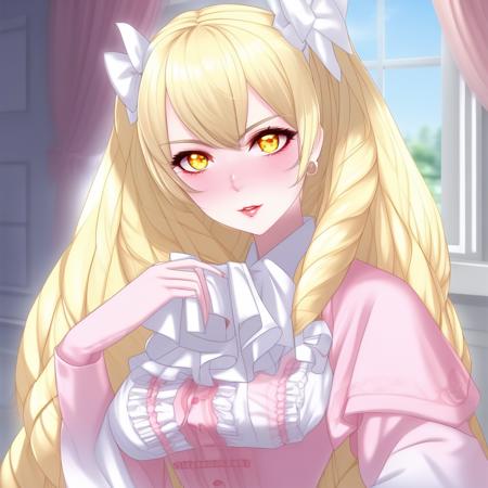 maribelle_(fire_emblem), blonde hair, drill hair, yellow eyes, hair bow, long hair, hair between eyes, 1girl, 